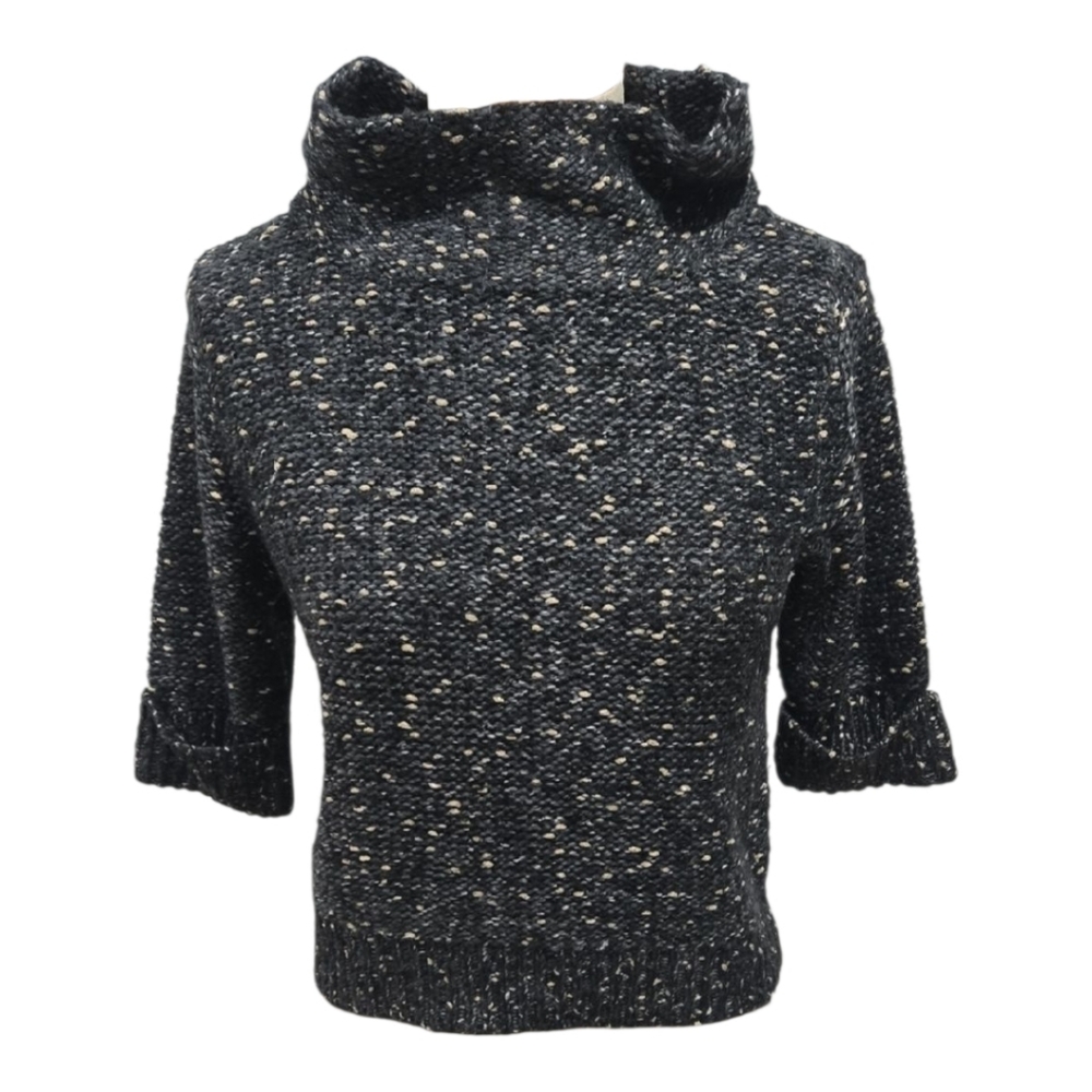 Elegant Black and Cream Cowl Funnel Neck Sweater